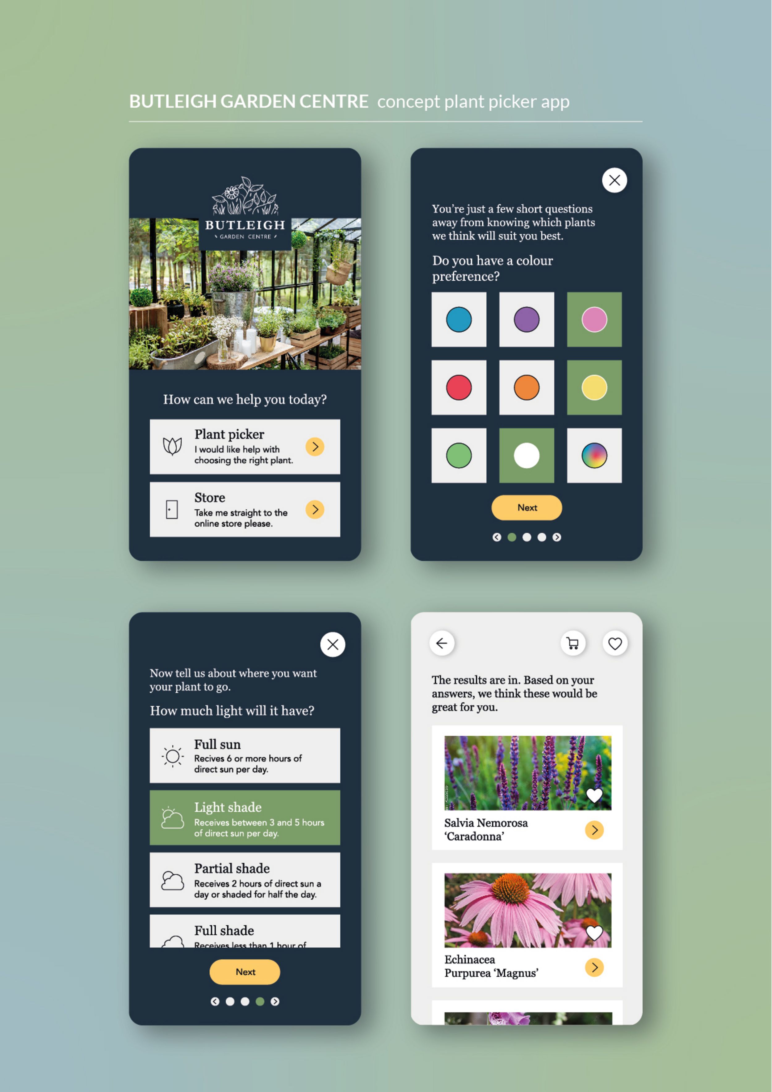 Butleigh Garden Centre plant picker concept app UI