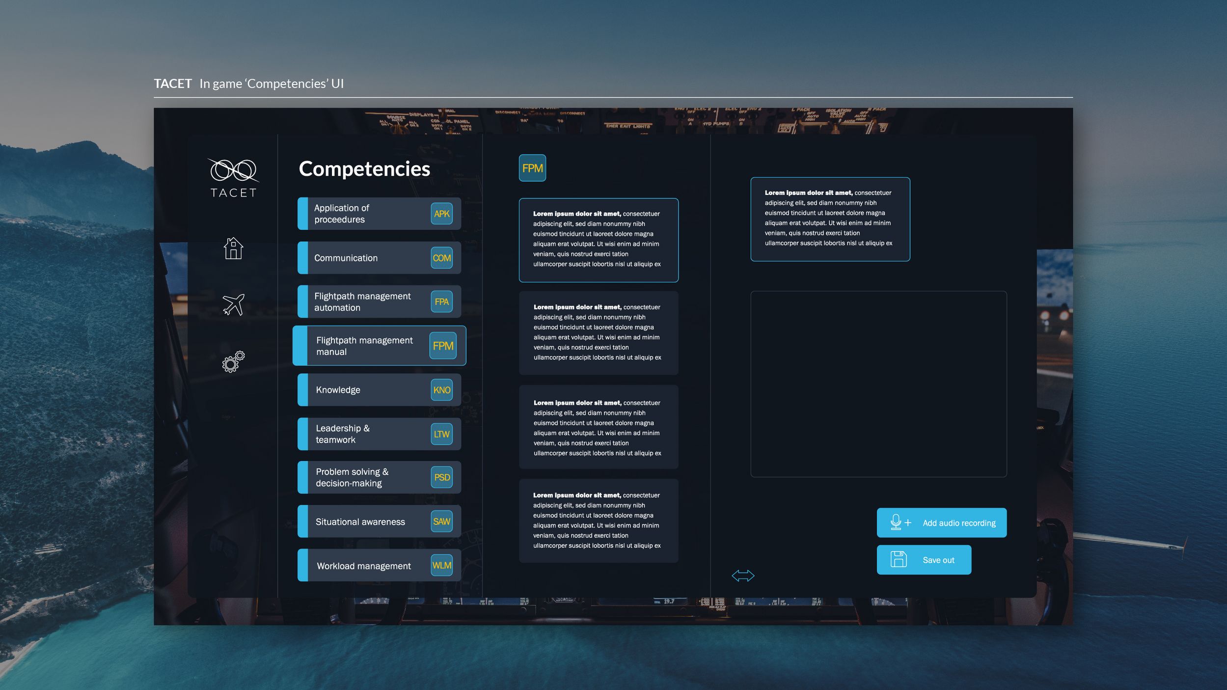 TACET in-game competencies application UI design