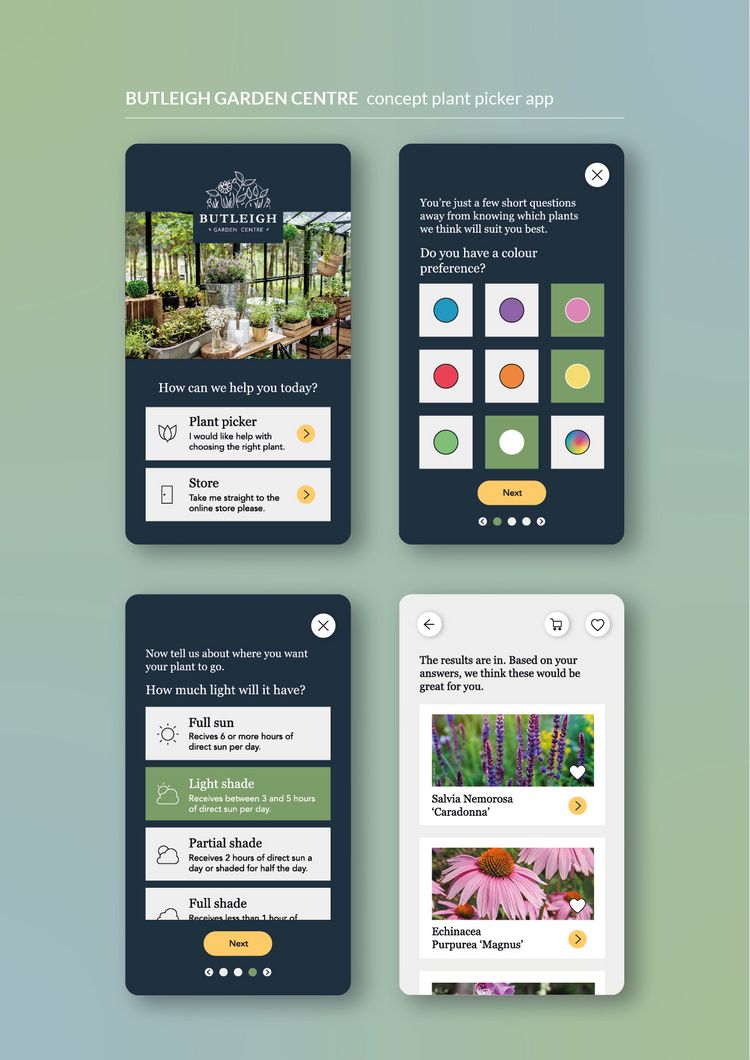 Butleigh Garden Centre plant picker concept app UI