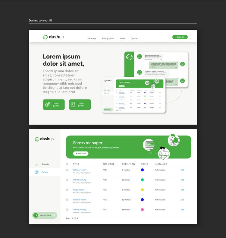 Dashup landing page and web tool UI concept designs