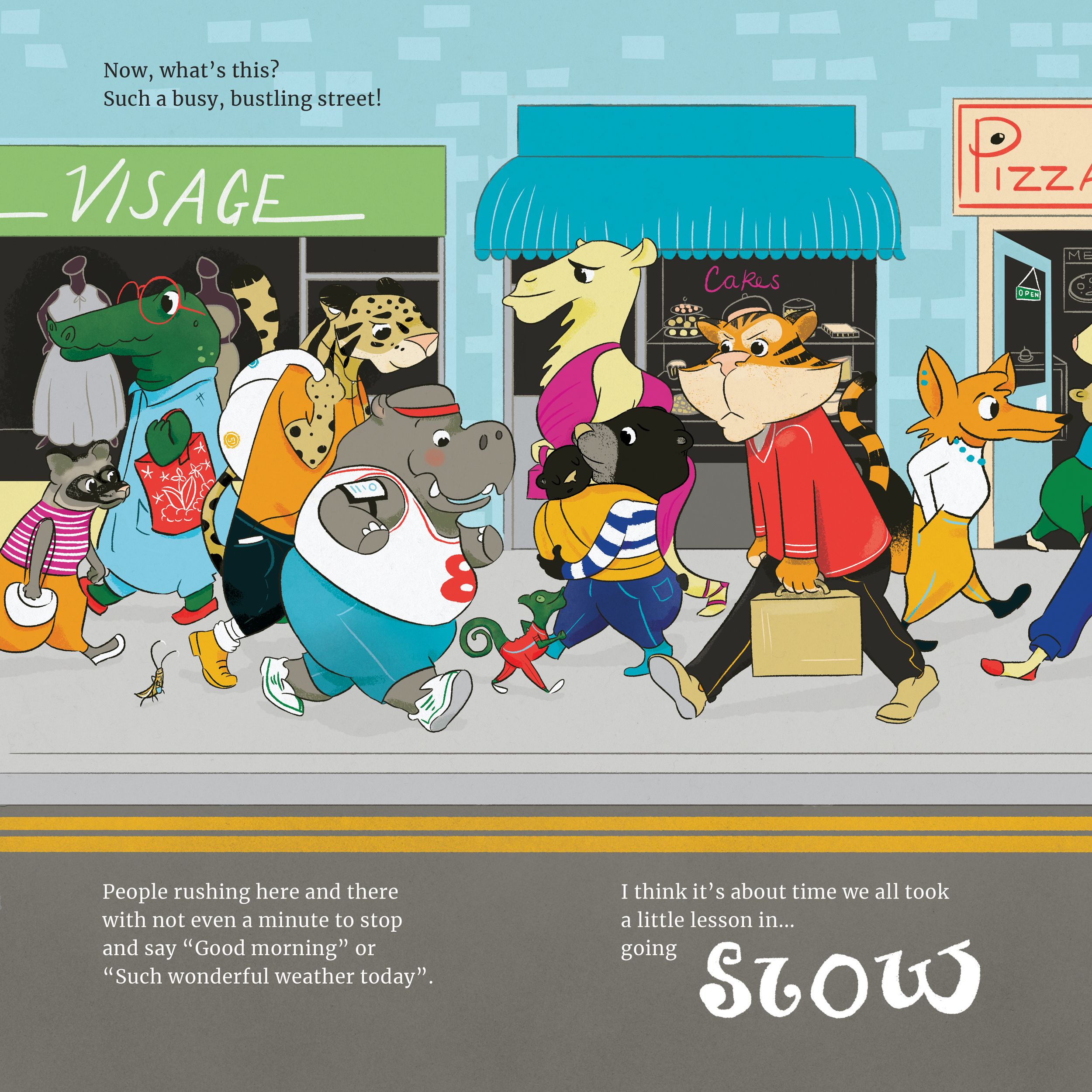 An illustration of animal characters making up a busy high street