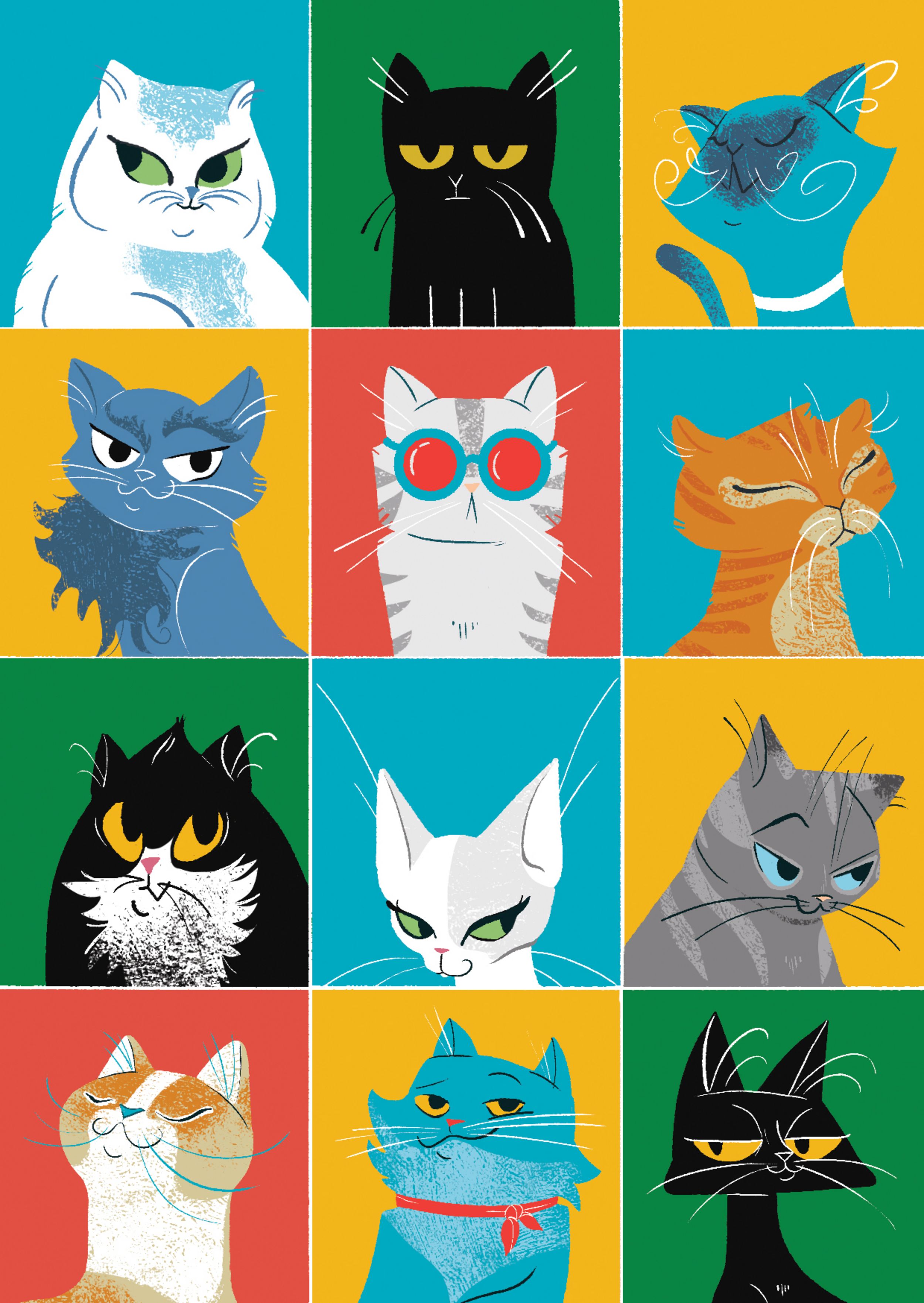 Illustration of a many cat potrait poses