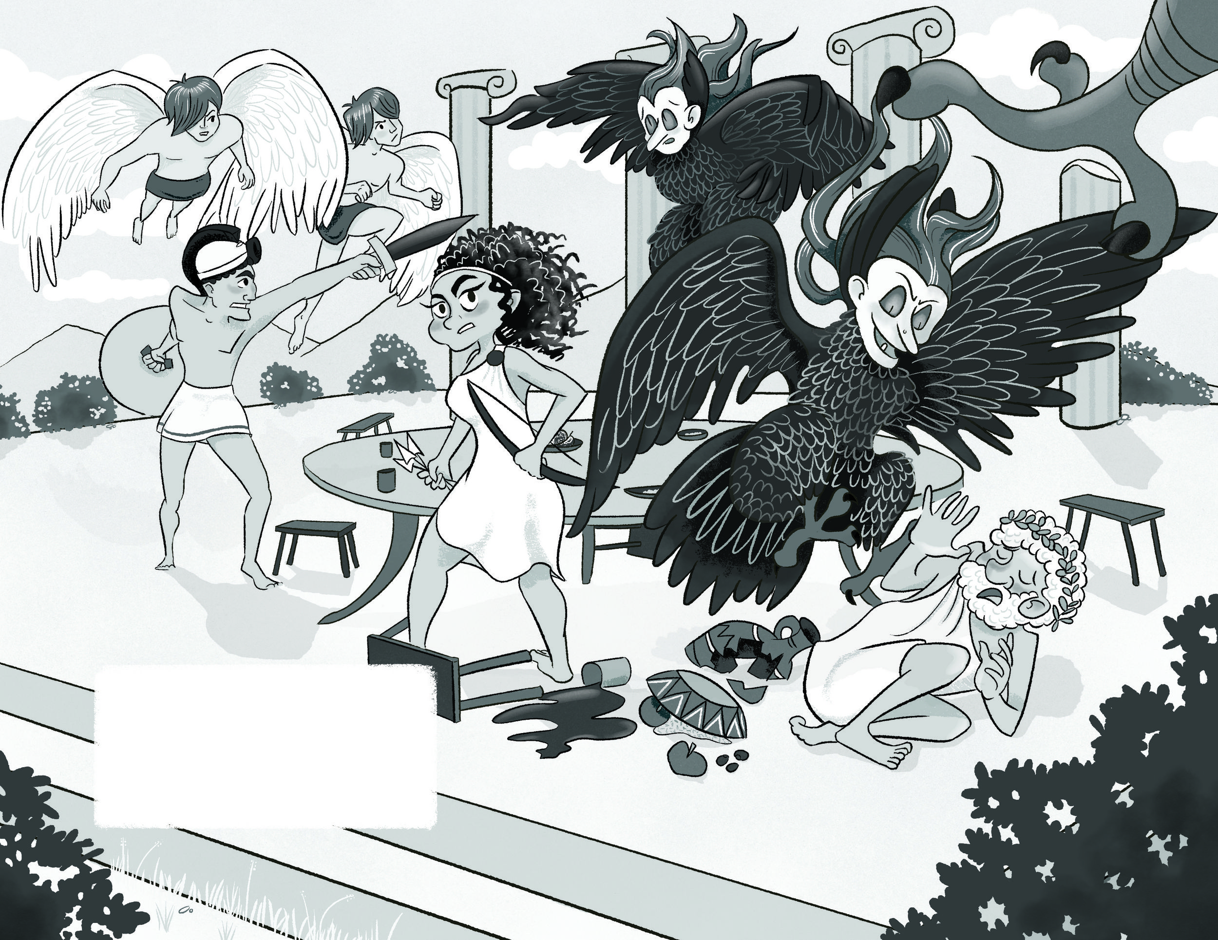 A black and white double page spread showing a scene from Jason and the Golden Fleece