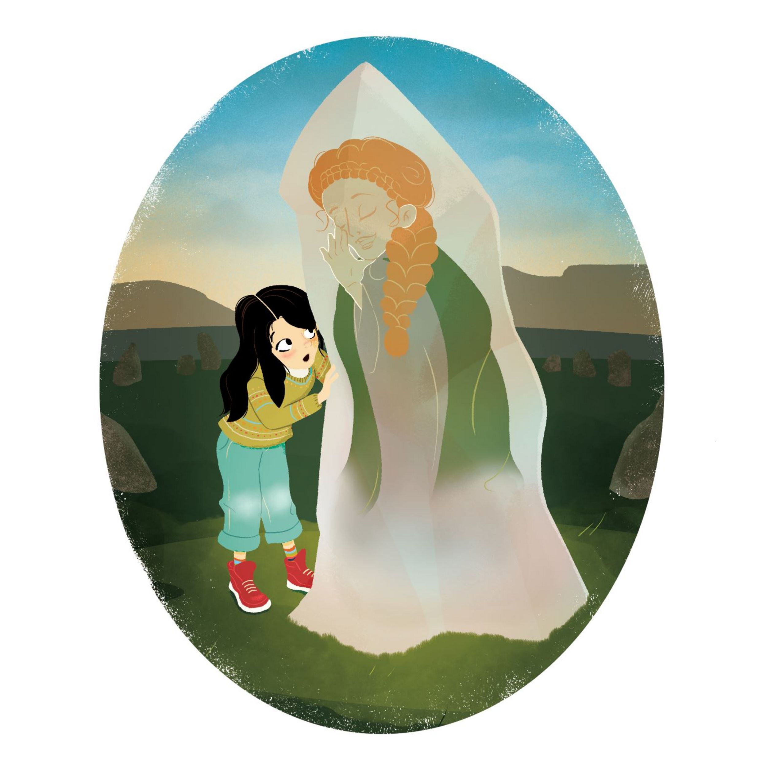 Illustration of a girl listening to a lady in a mother stone