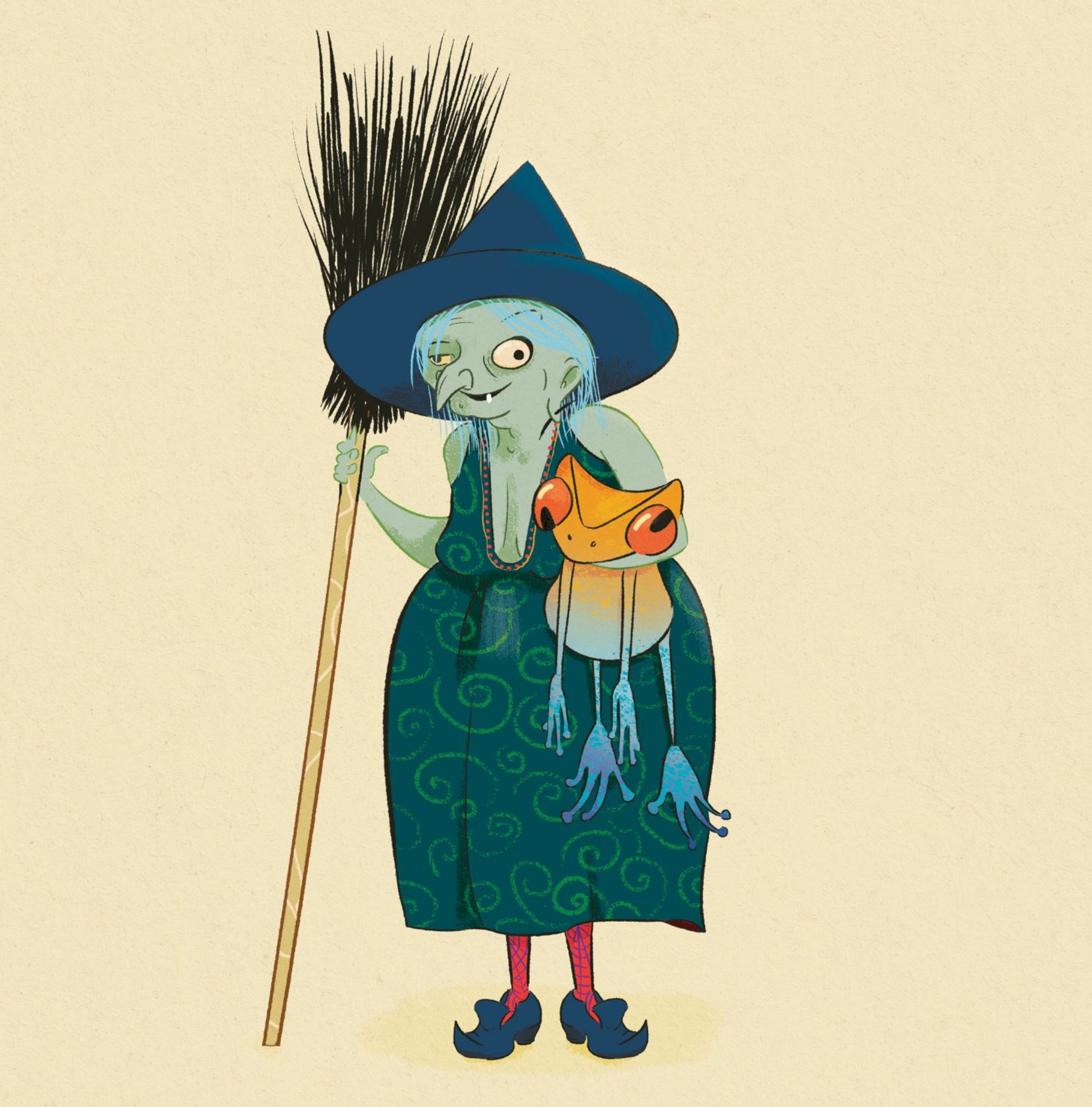 Illustration of a witch holding a broomstick and frog