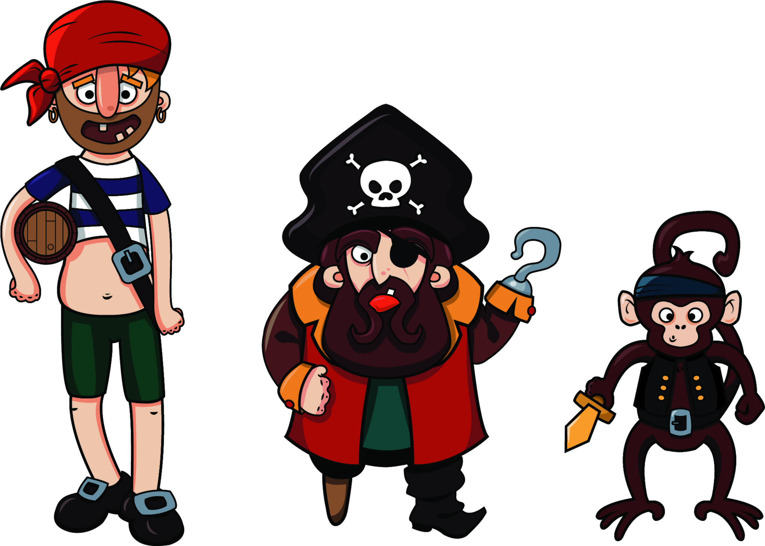 An illustration of two pirate men and a pirate monkey