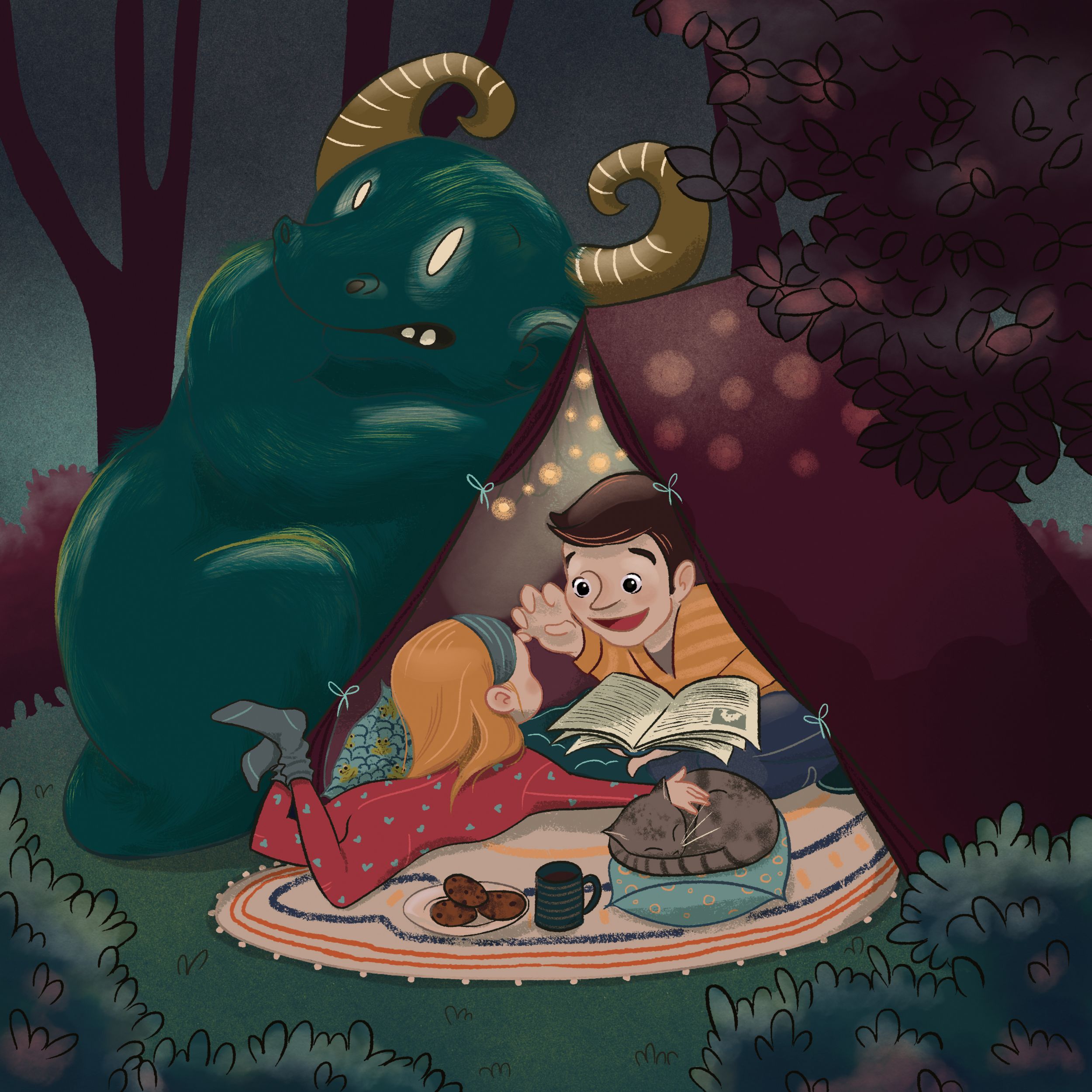 An illustration of two children reading in a tent at night with a monster listening outside