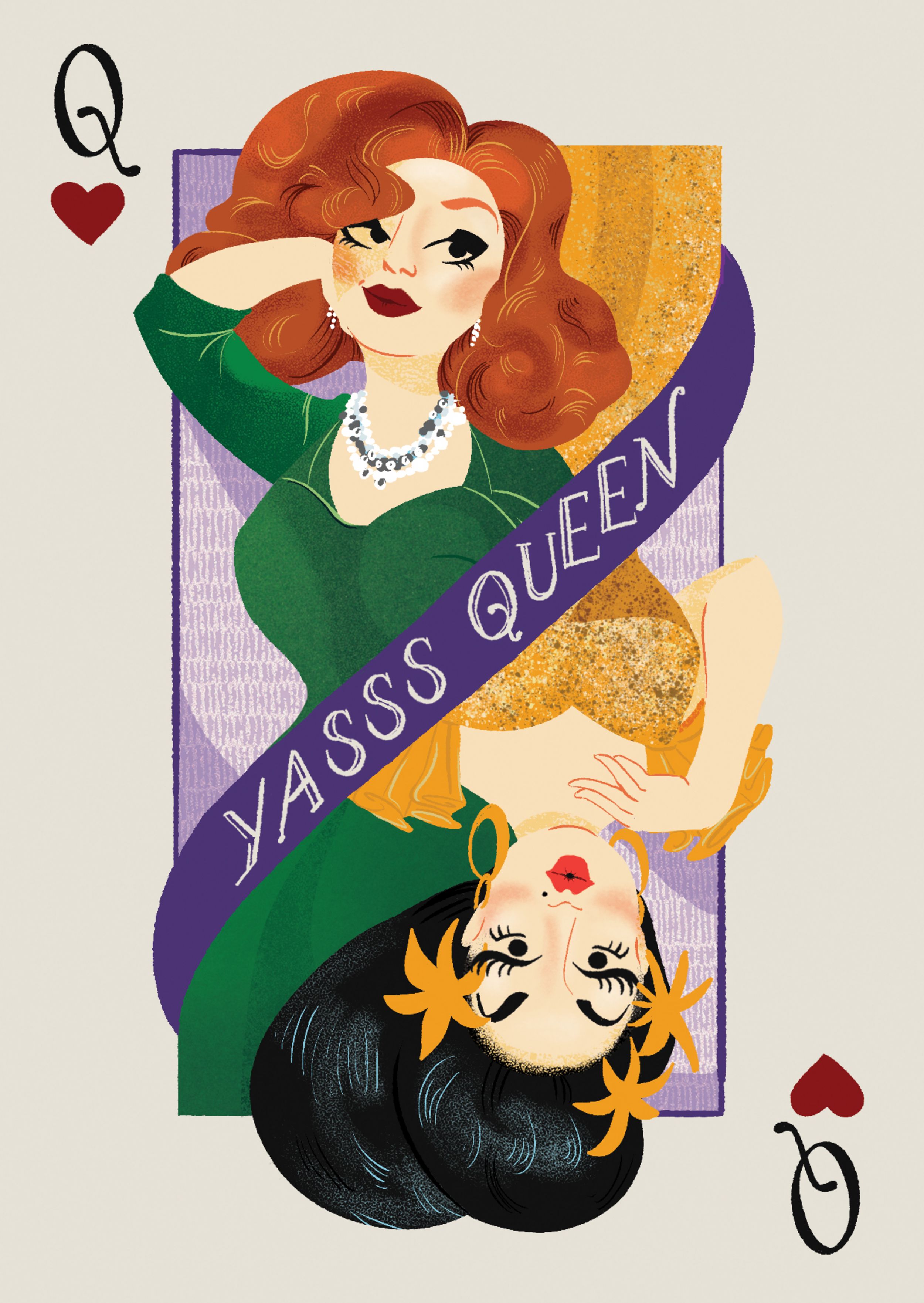 An illustration of a queen playing card featuring two drag queens