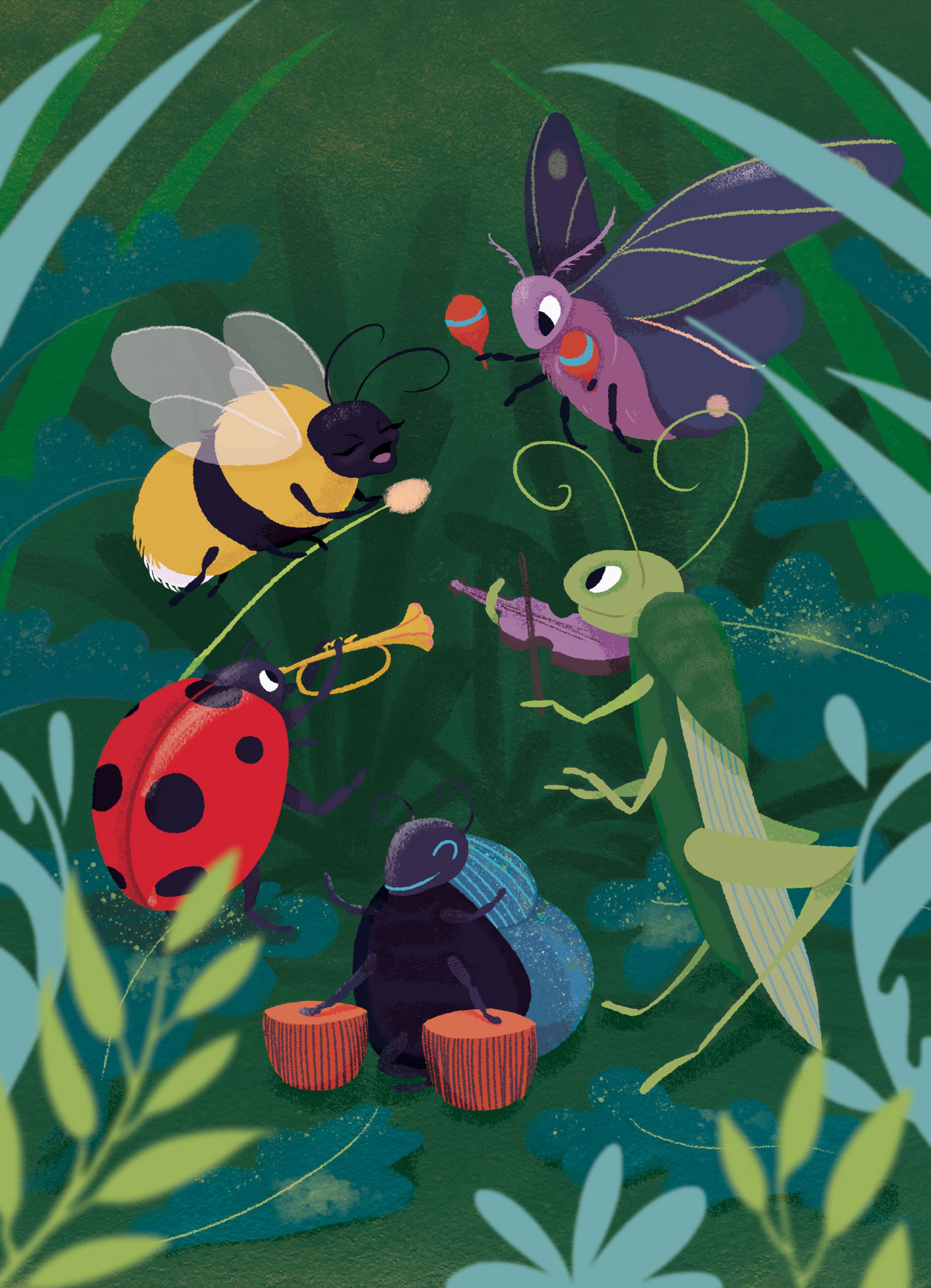 An illustration of a group of bugs playing instruments