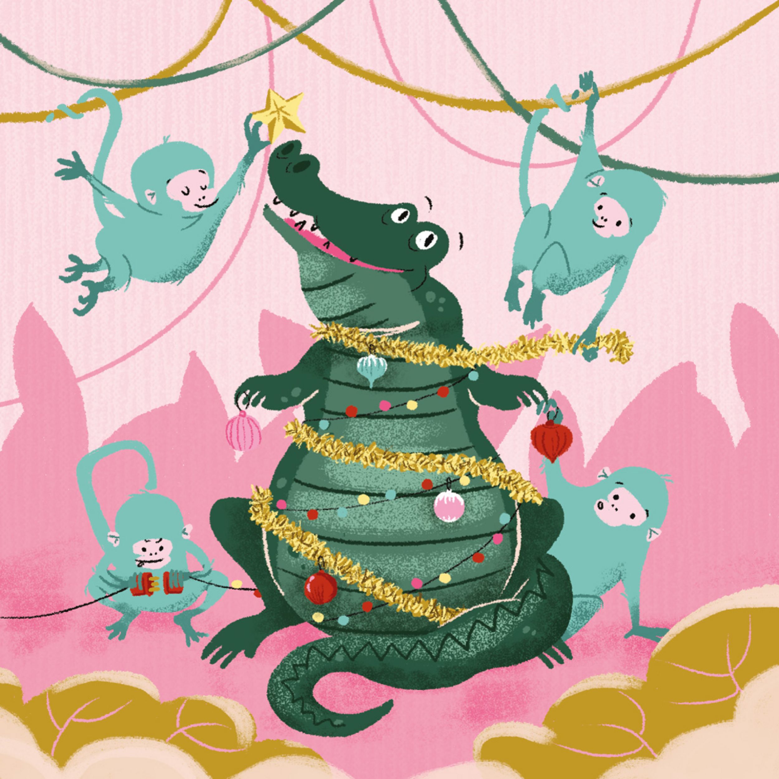 Christmas card illustration with crocodile and monkeys