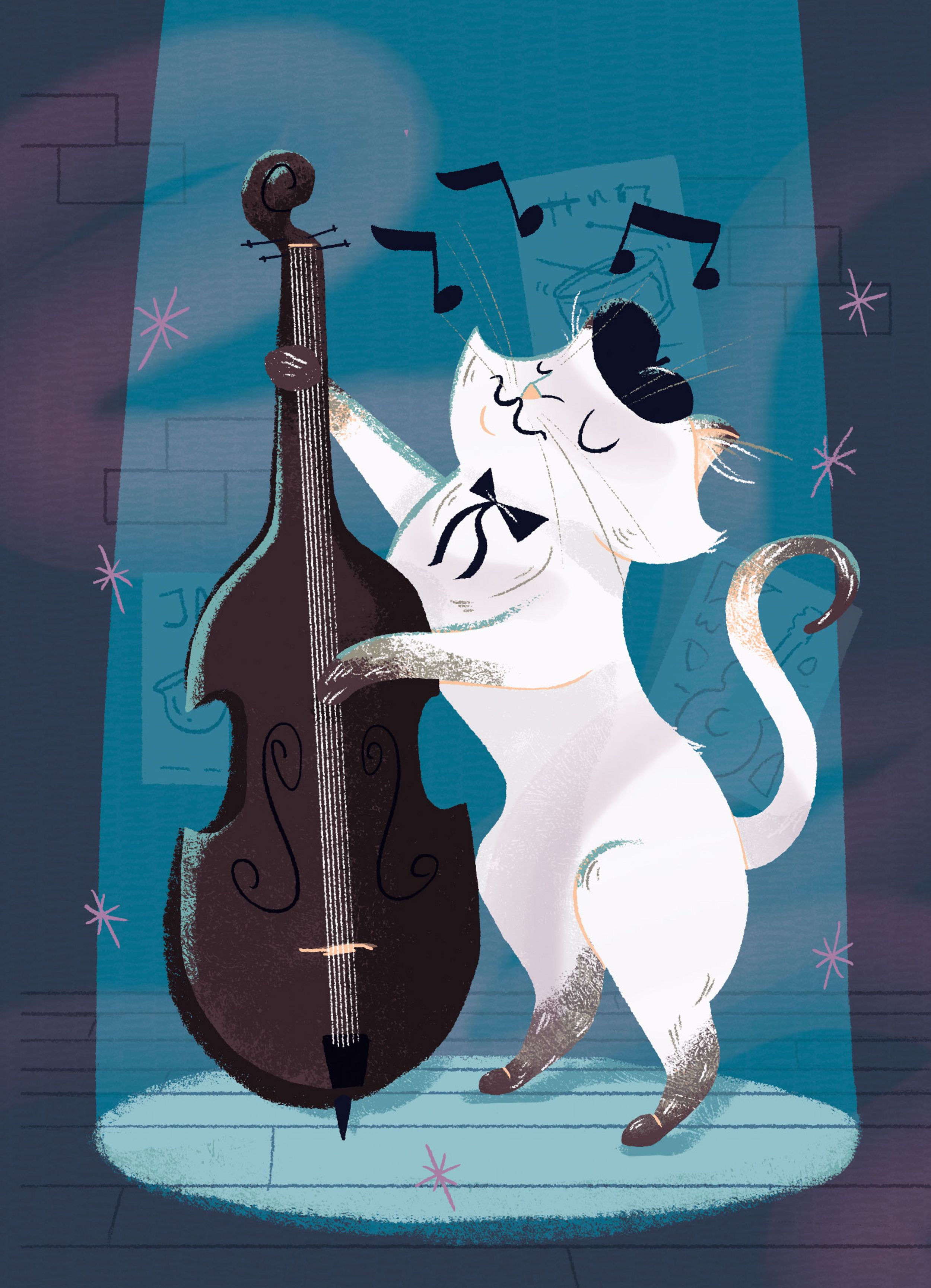 An illustration of a cat playing a double bass