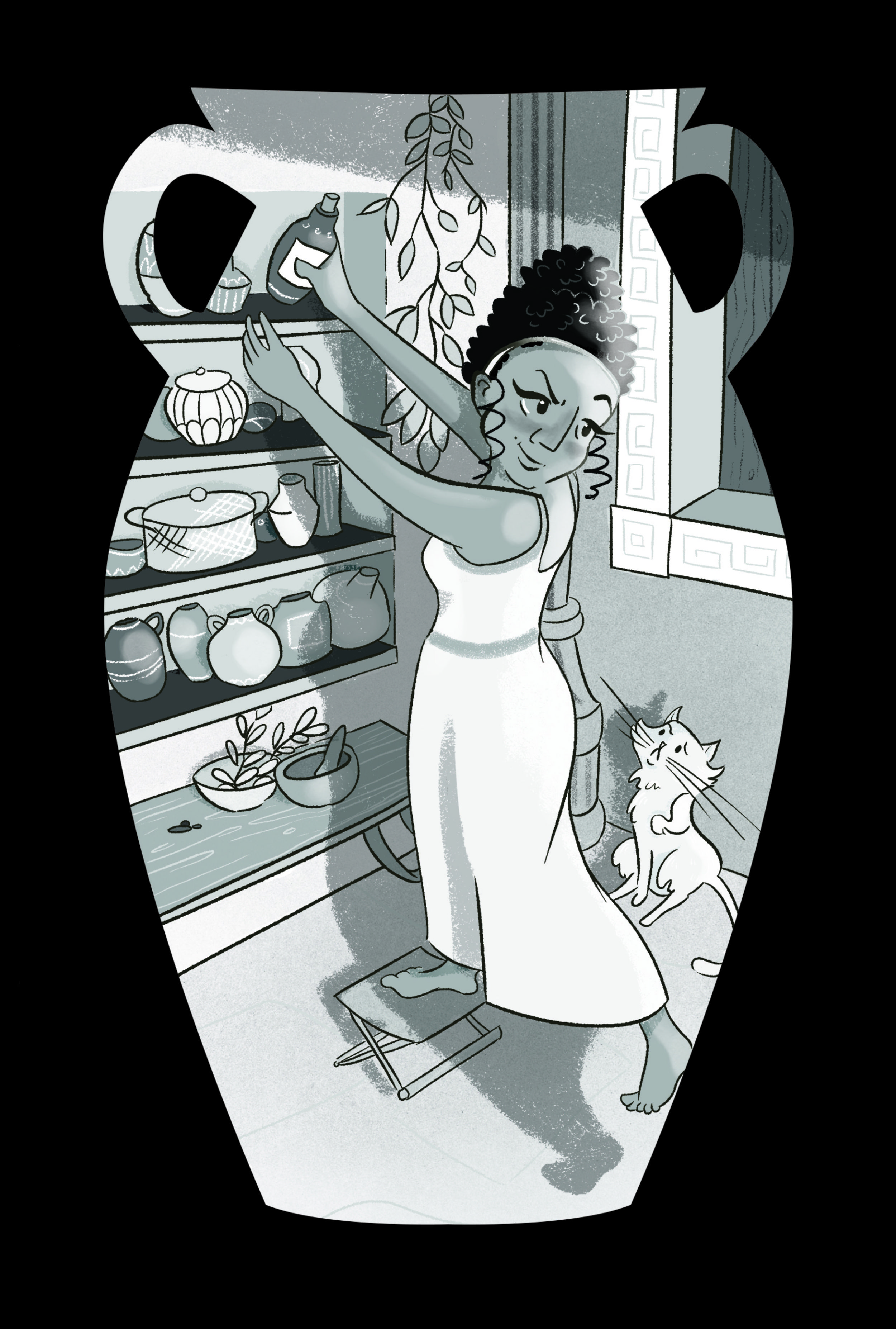 An illustration of Medea framed with a vase shape