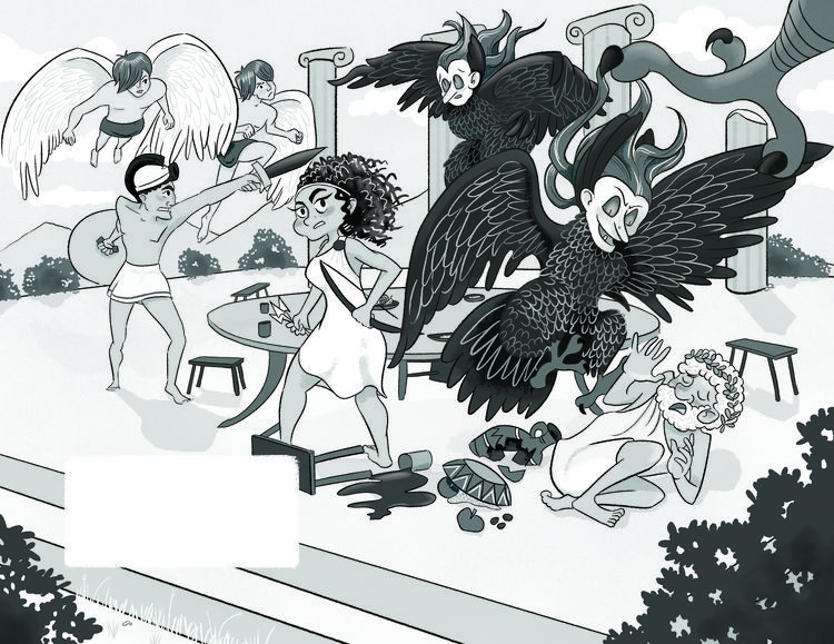 A black and white double page spread showing a scene from Jason and the Golden Fleece