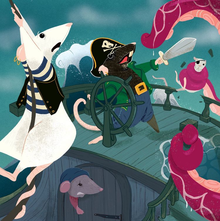 Illustration artwork showing rat pirates fighting a sea monster