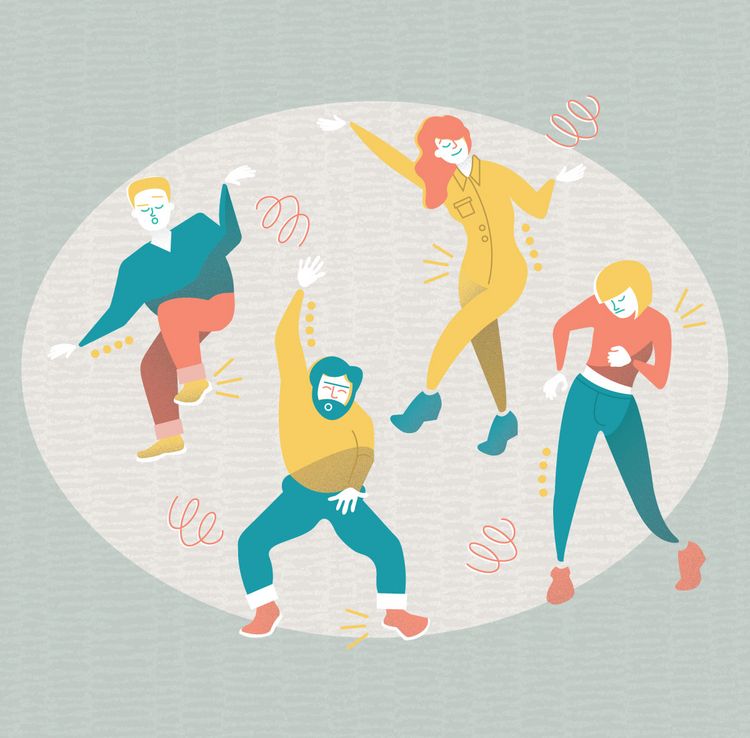 Stylised illustration of people dancing on a dancefloor