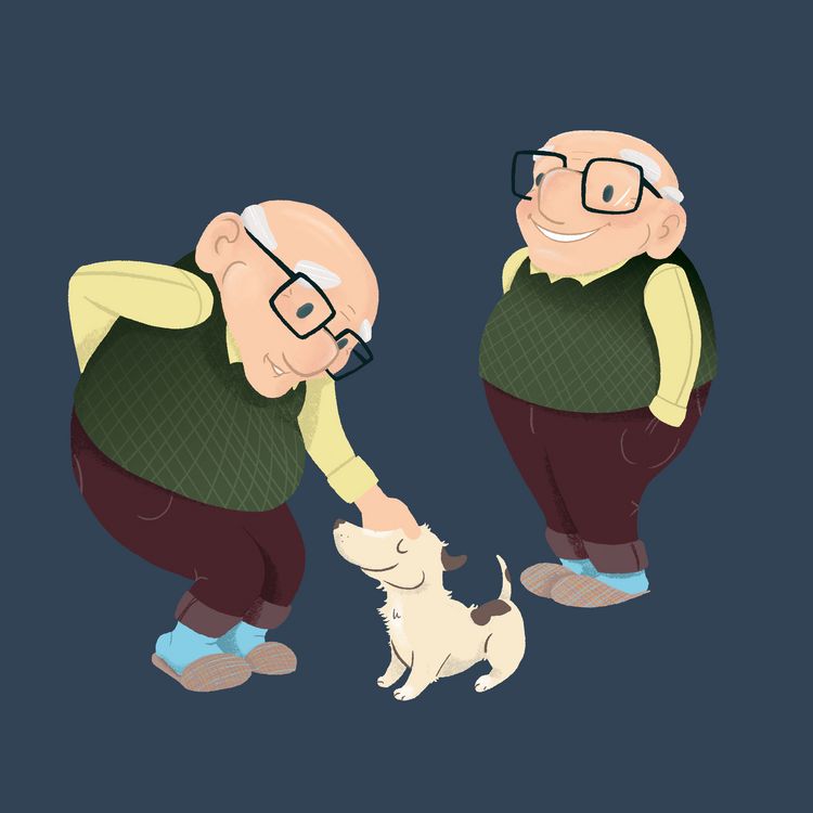 Character illustration of an old man with a dog