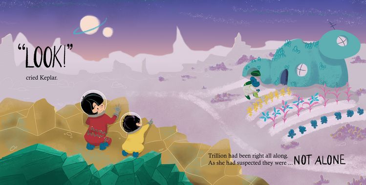 A double page illustration of two children on an alien planet overlooking a settlement