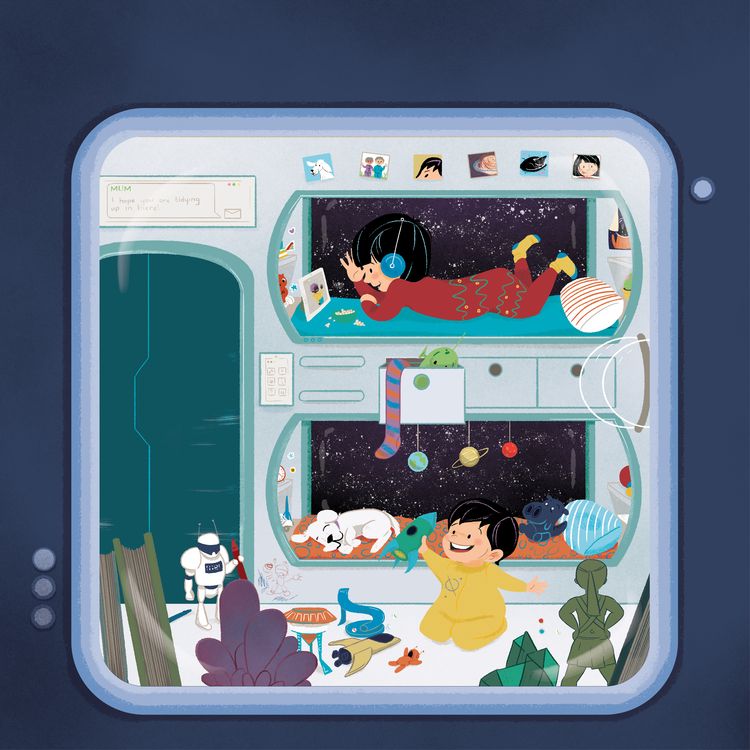 Two children playing in their bedroom onboard a spaceship